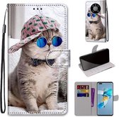 Voor Huawei Mate 40 Pro Gekleurde tekening Cross Texture Horizontale Flip PU lederen hoes met houder & kaartsleuven & portemonnee & lanyard (Slant Hat Blue Mirror Cat)