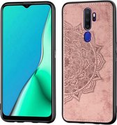 Voor Oppo A9 (2020) / A5 (2020) Mandala reliëf stoffen hoes PC + TPU mobiele telefoonhoes met magnetische functie en draagriem (roségoud)