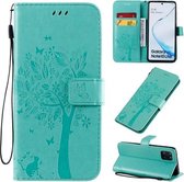 Voor Galaxy A81 / M60S Tree & Cat Pattern Pressed Printing Horizontale Flip PU lederen tas met houder & kaartsleuven & portemonnee & lanyard (groen)