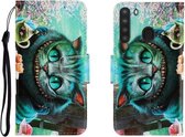 Voor Galaxy A21 Gekleurde tekening Horizontale flip lederen tas met houder & kaartsleuf & portemonnee (groene ogen)