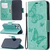 Voor iPhone 12/12 Pro Embossing Two Butterflies Pattern Horizontale Flip PU Leather Case met houder & kaartsleuf & portemonnee & lanyard (groen)