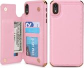 Voor iPhone XR POLA TPU + pc-beplating Volledige dekking Beschermhoes met houder & kaartsleuven en fotolijst (roze)