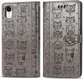 Voor iPhone XR schattige kat en hond reliëf horizontale flip PU lederen tas met houder / kaartsleuf / portemonnee / lanyard (grijs)