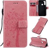 Voor Motorola Moto G8 Tree & Cat Pattern Pressed Printing Horizontale Flip PU Leather Case met houder & kaartsleuven & portemonnee & Lanyard (roze)