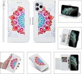 Afdrukken Tweekleurig half mandala-patroon Dubbelzijdige magnetische gesp Horizontale flip lederen tas met houder & kaartsleuven & portemonnee & fotolijst & lanyard voor iPhone 12/12 Pro (wit