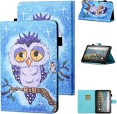 Voor Amazon Kindle Fire HD8 (2020) Gekleurde tekening Stiksels Horizontale flip lederen tas met houder & kaartsleuf & slaap- / wekfunctie (blauwe uil)