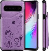 Voor Galaxy S10 5G Cat Bee Embossing Pattern Schokbestendige beschermhoes met kaartsleuven en fotolijst (paars)