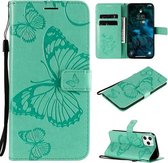 Voor iPhone 12 Pro Max 3D vlinder reliëf patroon horizontale flip lederen tas met houder & kaartsleuf & portemonnee & lanyard (groen)