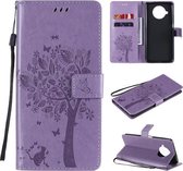 Voor Xiaomi Mi 10T Lite 5G Tree & Cat Pattern Pressed Printing Horizontale Flip PU lederen tas met houder & kaartsleuven & portemonnee & lanyard (lichtpaars)