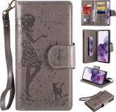 Voor Samsung Galaxy S20 + vrouw en kat reliëf horizontale flip lederen tas, met kaartsleuven & houder & portemonnee & fotolijst & spiegel & lanyard (grijs)