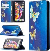Gekleurde tekening patroon onzichtbare magnetische horizontale flip PU lederen tas met houder & kaartsleuven & portemonnee voor iPhone XR (gouden vlinders)