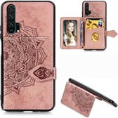 Voor Huawei Honor 20 Pro Mandala Reliëf Magnetische Doek PU + TPU + PC Case met Houder & Kaartsleuven & Portemonnee & Fotolijst & Riem (Rose Goud)