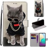 Voor Samsung Galaxy A02 / M02 Gekleurde tekening Cross Texture Horizontale Flip PU lederen tas met houder & kaartsleuven & portemonnee & lanyard (Golden Chain Grey Cat)