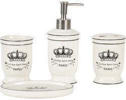 Clayre & Eef Badkamerset Set van 4 Beige Zwart Keramiek Kroon Paris Badkamer Accessoires Set Clayre & Eef Badkamerset Set van 4 Beige Zwart Keramiek Kroon Paris Badkamer Accessoires Set