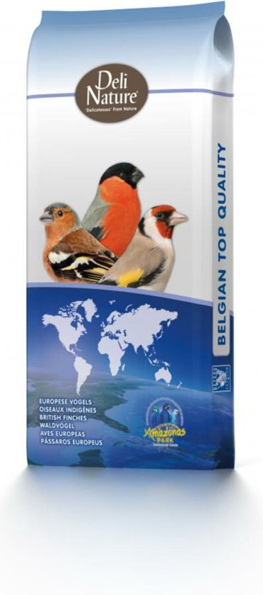 Deli Nature Europese Vogels Basis Nummer 99, 20 kg verpakking met afbeeldingen van vogels en wereldkaart. Belgische topkwaliteit.