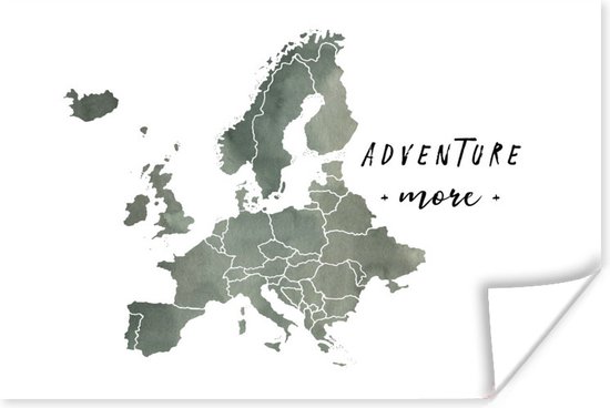 Europakaart in grijze waterverf met de quote Adventure more 180x120 cm XXL / Groot formaat! - Foto print op Poster (wanddecoratie woonkamer / slaapkamer)