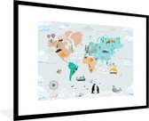 Wereldkaart Kinderen - Symbolen - Kompas - Schoolplaat - Kinderkamer - 90x60 cm