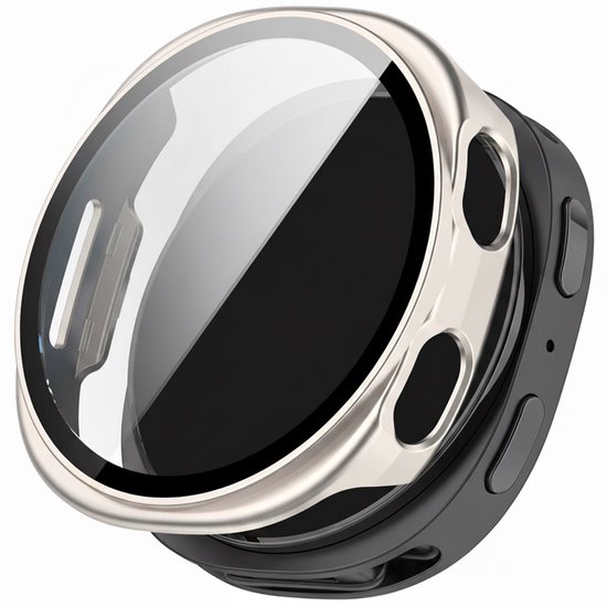Zilverkleurige smartwatch beschermhoes die de zijkanten en het scherm bedekt.
