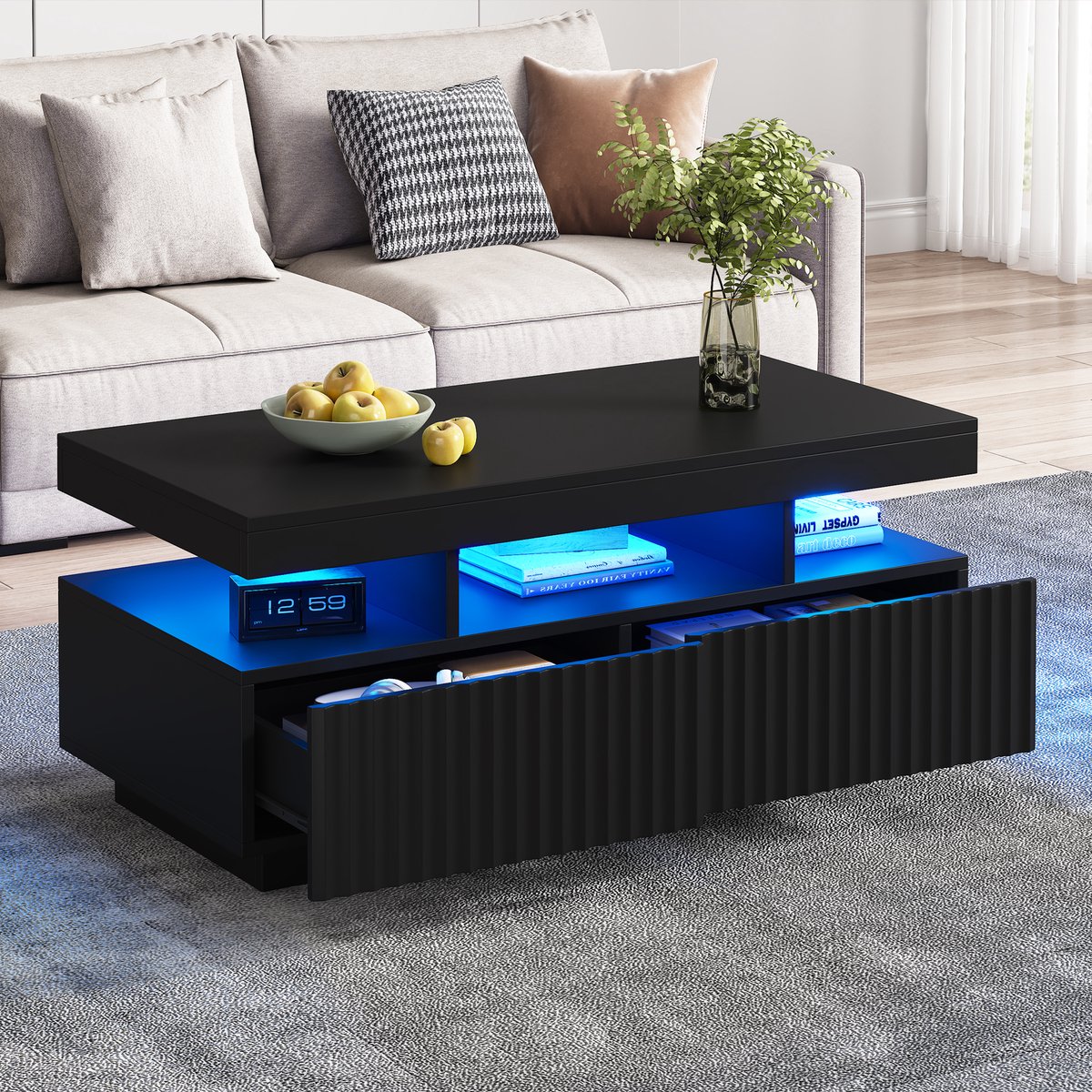 Salontafel - 100 x 50 x 45 cm - Verticale Strepen en LED Lichtbalk - Woonkamer Tafel met 2 Lades - Hout - Zwart