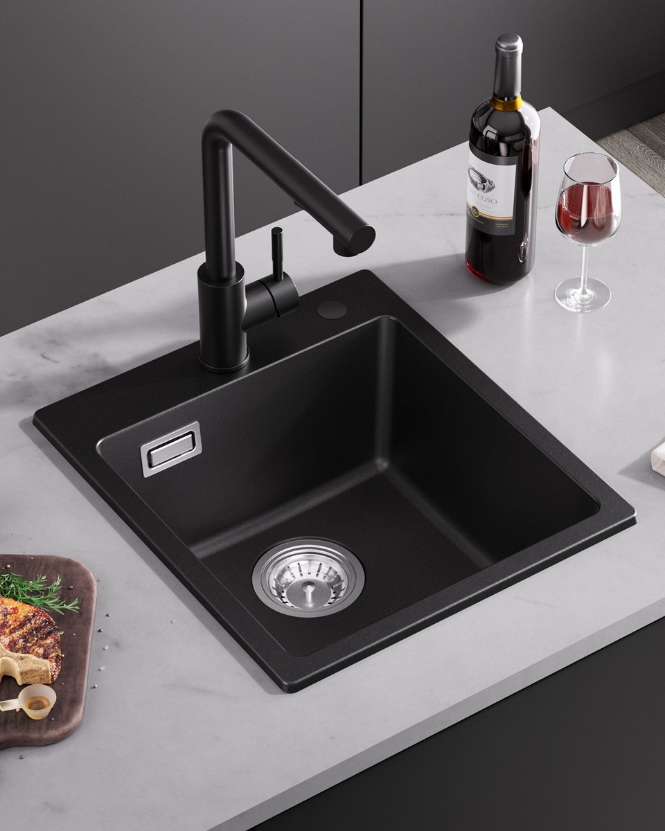 SOFETIY MAX Spoelbak Antraciet 40x45CM - Graniet Spoelbakken Keuken - Enkele Spoelbak - Spoelbakken Incl. Sifon en Afvoerzeefje