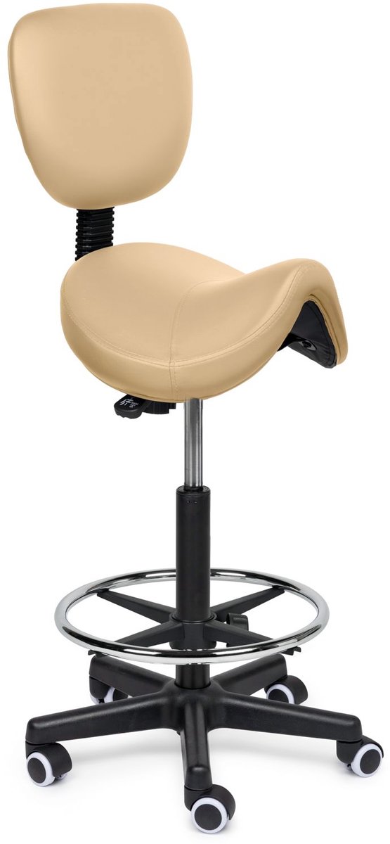 Premium Zadelkruk met Rugleuning / Kapperskruk Beige – Ergonomische Zadelstoel met 4 cm Koudschuim Zitting, In Hoogte Verstelbaar - Standaard (50-68cm) / Zonder voetsteun / Standaard wielen