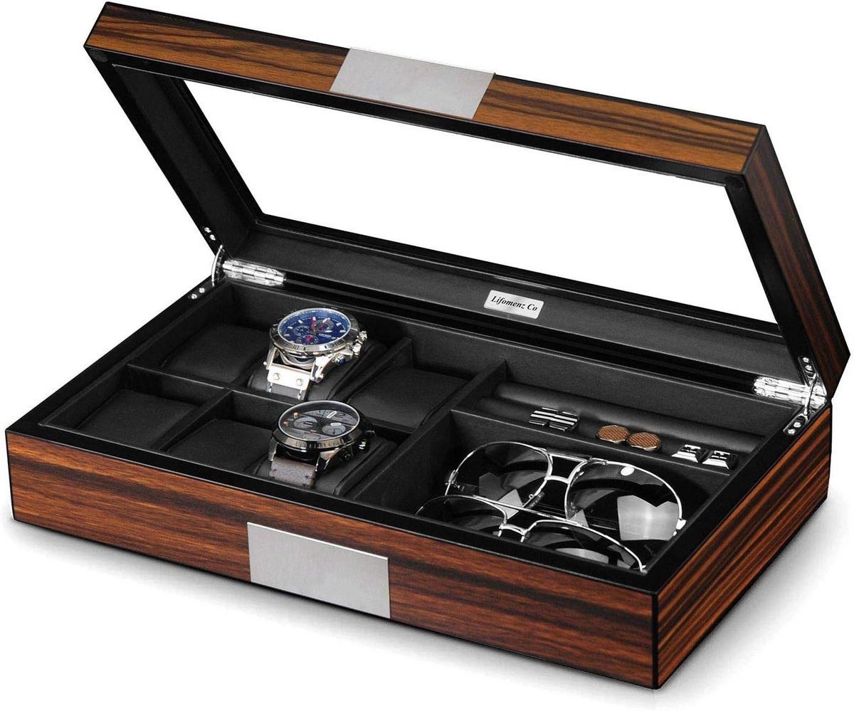 Luxe Horlogedoos met 6 Vakken voor Horloges, Manchetknopen en Zonnebrillen - Hout en PU Leer
