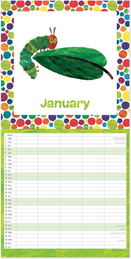 Januari pagina van de 2025 Familiekalender De Hongerige Rups, met de rups op een groot groen blad, omringd door veelkleurige cirkels en een weekoverzicht.