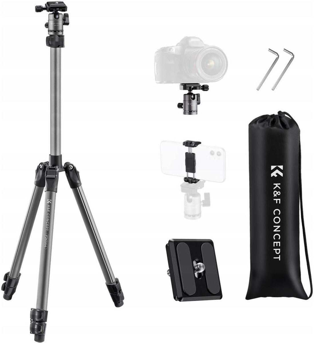 K&F Concept Lichtgewicht Aluminium Statief 168cm met Telefoonhouder