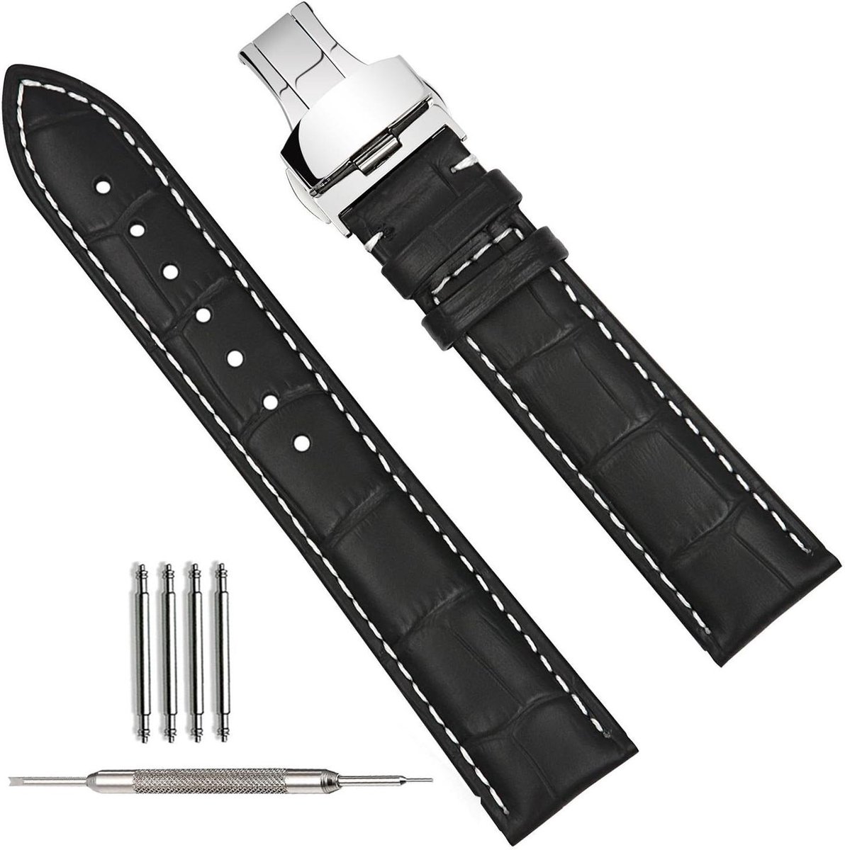 CSGoods - Heren horlogebandje van leer in zwart met roestvrijstalen vouwsluiting 18 mm-19 mm-20 mm-21 mm-22 mm - Zwarte witte naad.