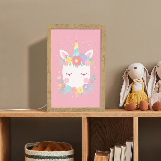 Nachtlampje 20x30 cm - Kinder lamp - Eenhoorn - Bloemen - Roze - Tafellamp kinderkamer - Slaapkamer lamp - Bedlamp kinderen - Kinderlampje stopcontact - Wandlamp babykamer - Nachtlampjes van Merkloos — afbeelding 3