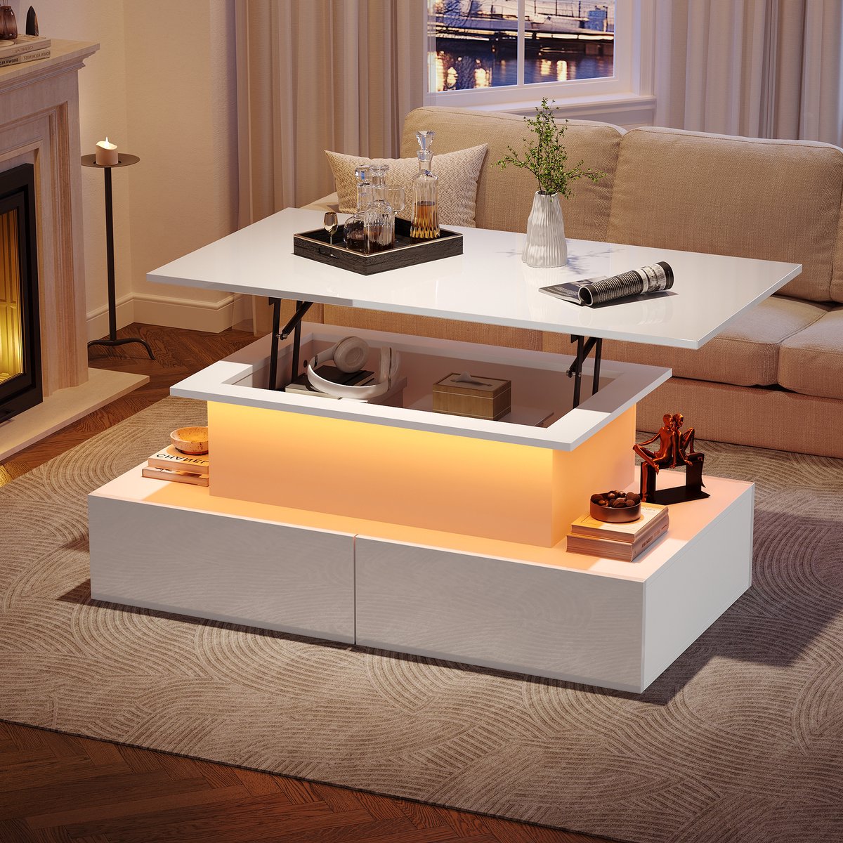 REDOM Salontafel 90x55x41 cm van spaanplaat, hoogglans wit met LED-verlichting en 4 lades, modern design