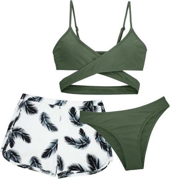 Maeau Driedelig badpak voor meisjes, bedrukte strandset / Tie Dye kinderen, bikini-bovendeel bikinishorts shorts/rok bedekt, bad- en strandkostuum, 8-14 jaar, 130-160 cm, 02 Groen, 12-13 Jaren