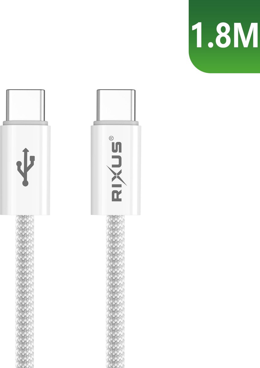 Rixus RXUC08C Fast Charging Cable USB-C To USB-C Cable Braided Nylon 1.8m White