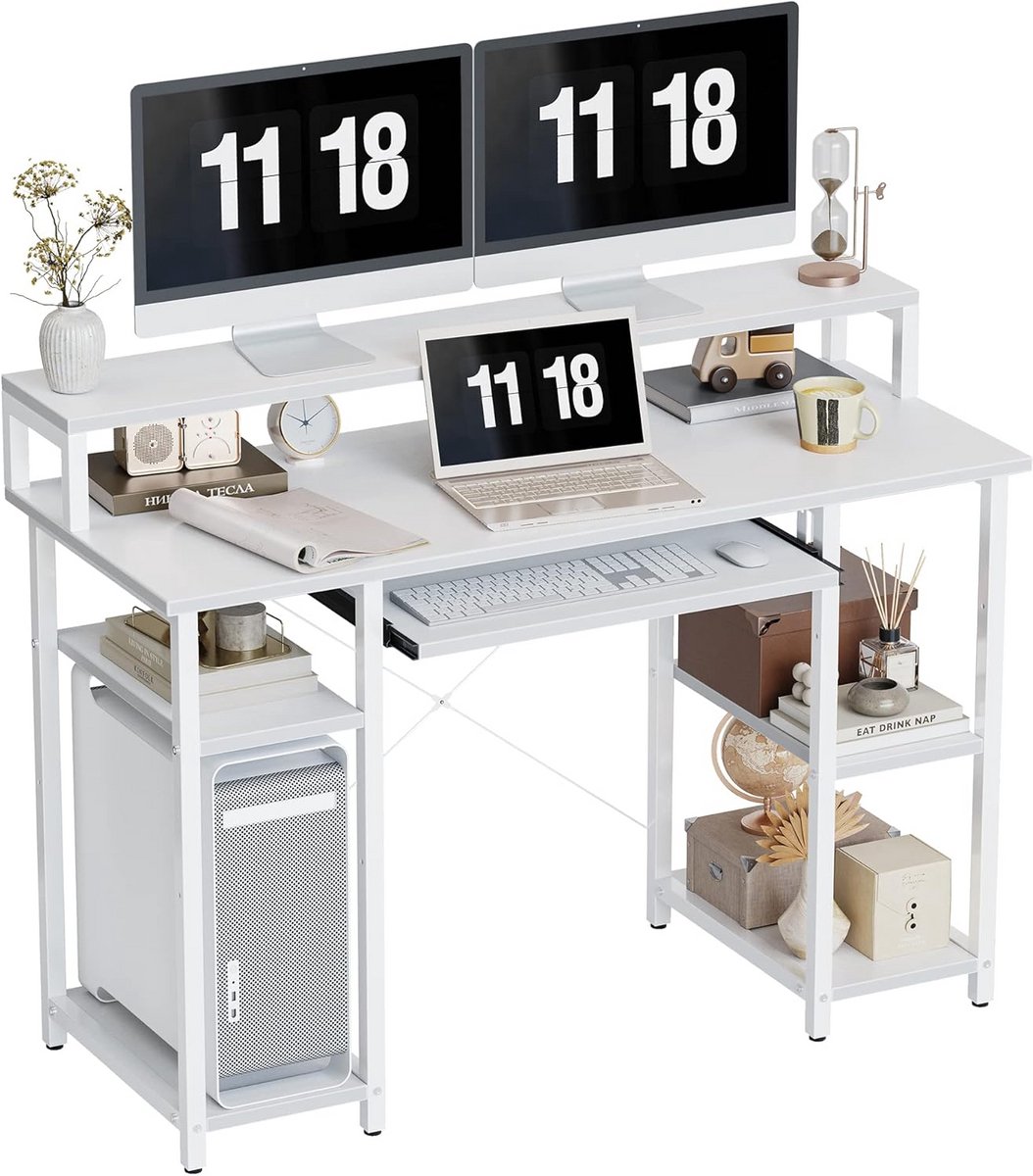 Computerbureau 120 cm met Opbergplanken, Monitorstandaard en Toetsenbordplank