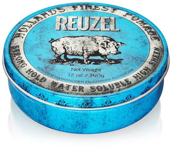 Reuzel pomade blik met tekst 'HOLLANDS FINEST POMADE' en een varken. Blauw met verweerde look.