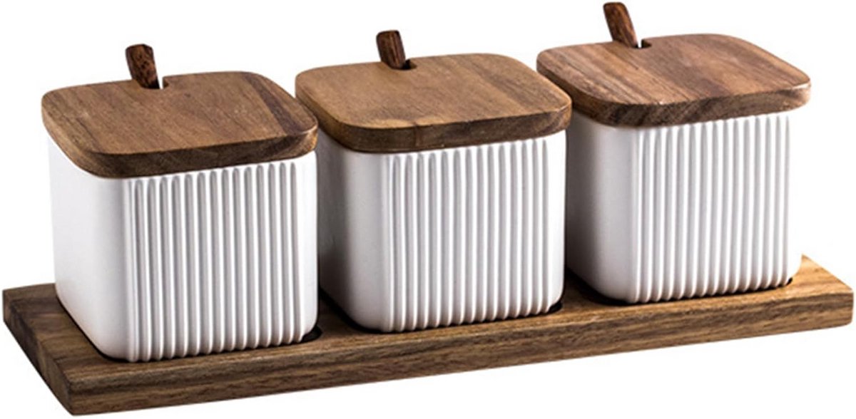 Vierkante Keramische Kruidenpot met Lepel en Houten Deksel