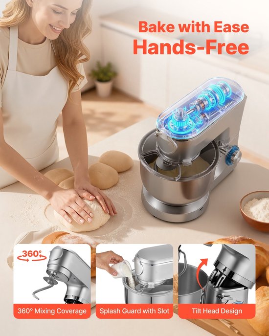 Keukenmachine - Standmixer en Deegmixer - 1500 W - RVS Kom 6 L + Mengkom 1,5 L - 6 Snelheden + Pulse - Deeghaak, Garde en Klopper — afbeelding 5