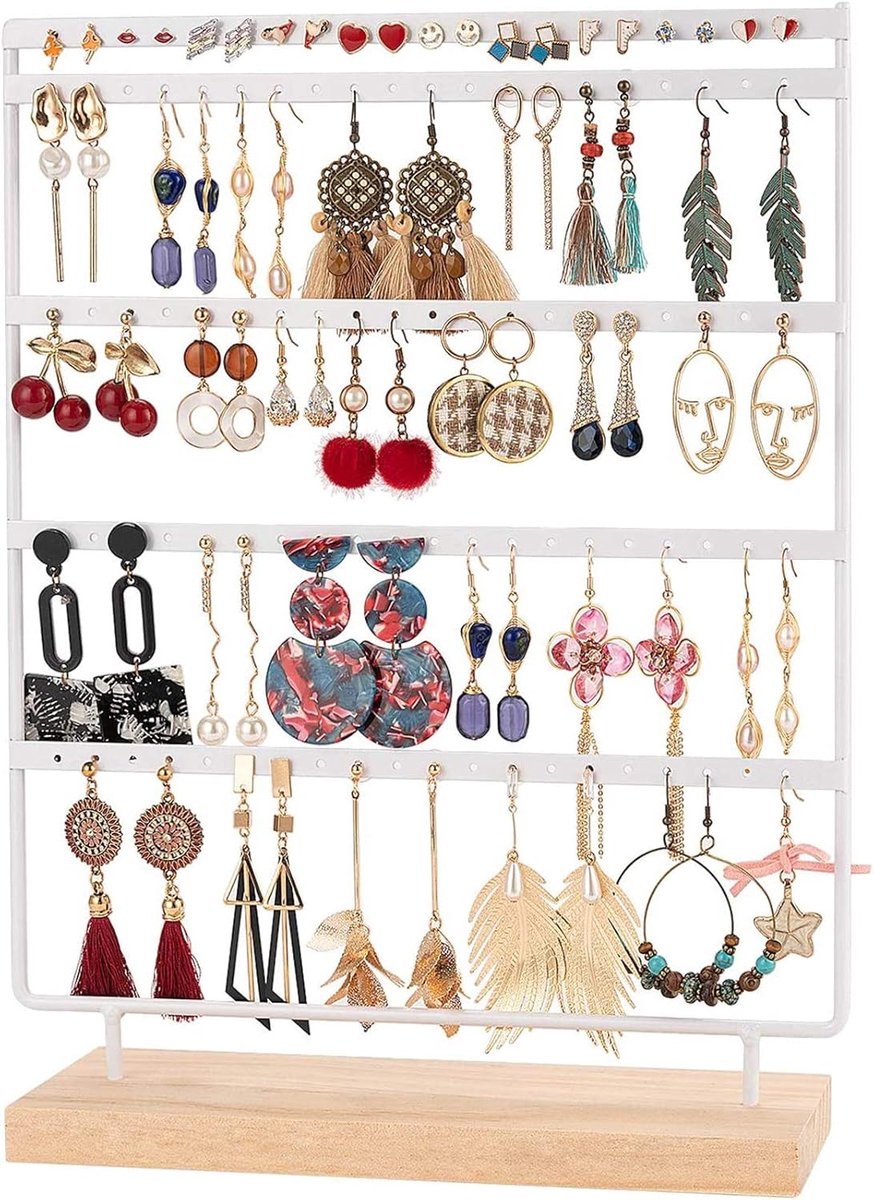 Sieradenstandaard, oorbelhouder, 100 gaten, oorbelstandaard, 5 etages, metalen oorbelorganizer met houten basis, display voor oorbellen, 35 x 27 cm (Wit)