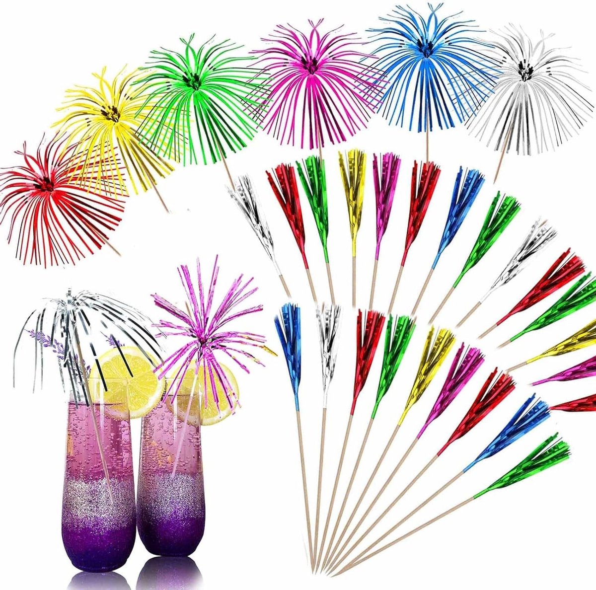 Allecta- Cocktailprikkers - Vuurwerk - Mini-drankprikkers voor fruit- en cake decoraties - 6-kleuren - Geschikt voor bruiloft, bar en verjaardagsfeest.