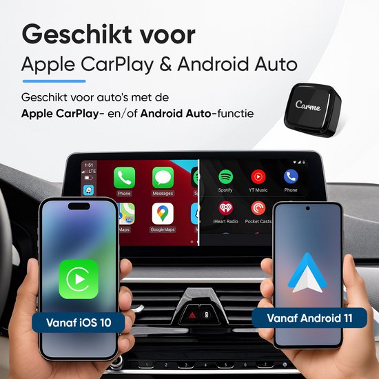 CarMe Ultra Mini 2-in-1 CarPlay Dongle - Draadloos CarPlay & Android Auto - USB-A & USB-C - Android Auto Dongle - Zwart