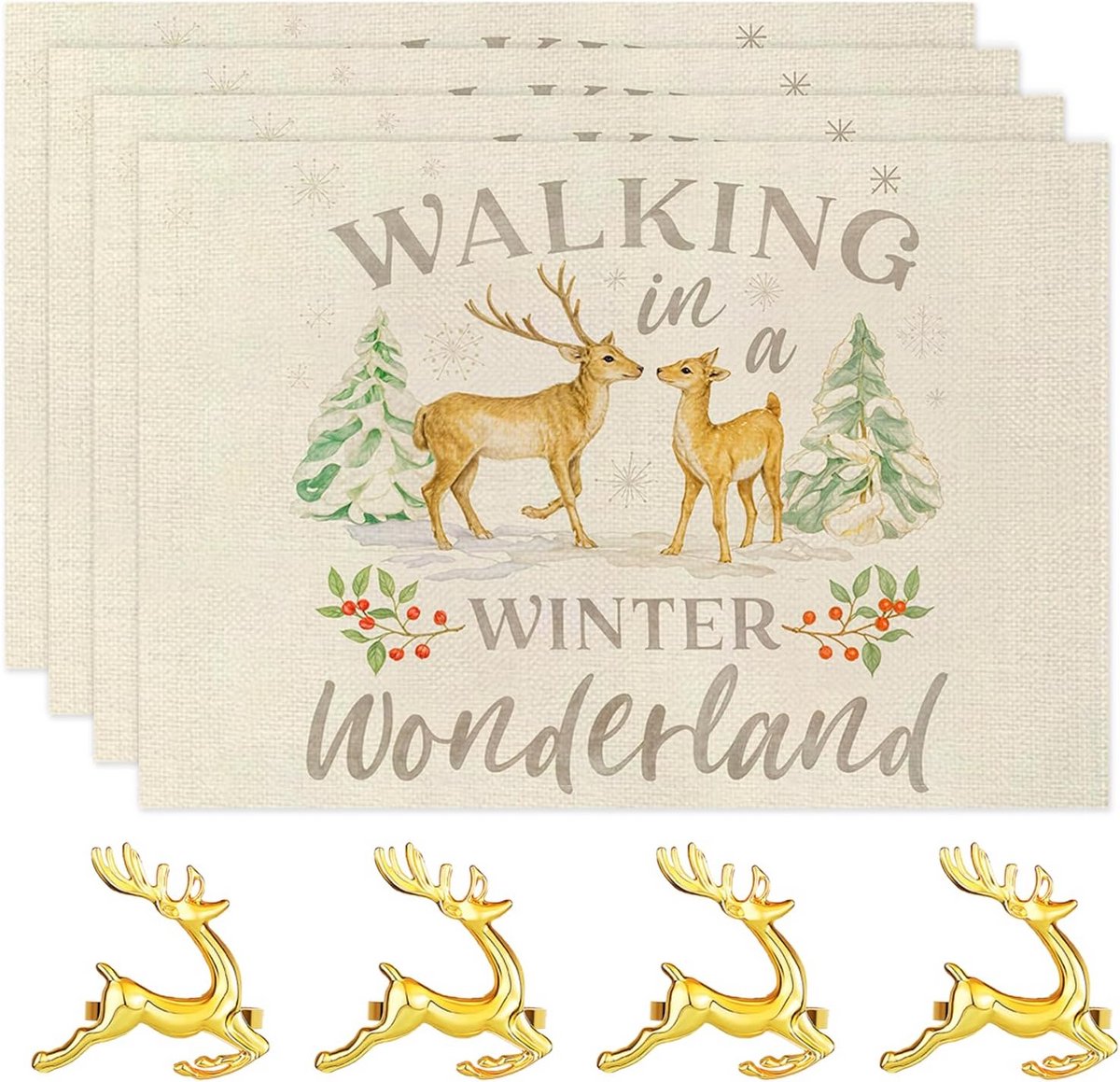 Set van 4 Kerst Placemats met Servetringen - Tafelsets 45x30 cm - Kerstdecoratie