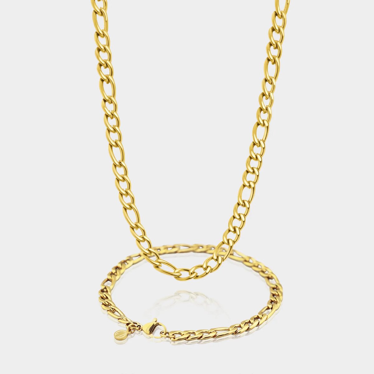 Figaro Ketting 7 mm x Figaro Armband 5 mm - Gouden Schakelketting en Schakelarmband Heren - 60/19 cm lang - Olympus Jewelry