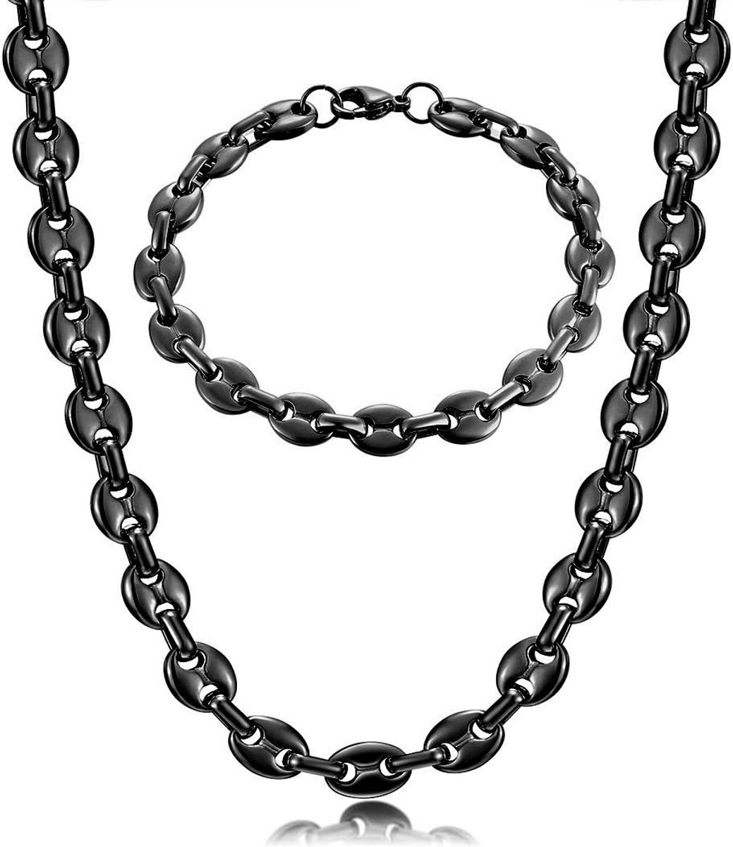 Herenketting en armband set RVS schakel 6mm 9mm 11mm Zilver Goud Zwart