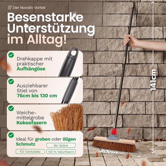 2x Kokosbezem 40 cm met Verstelbare Telescoopsteel - Stugge Borstel voor Werkplaats en Buiten — afbeelding 4