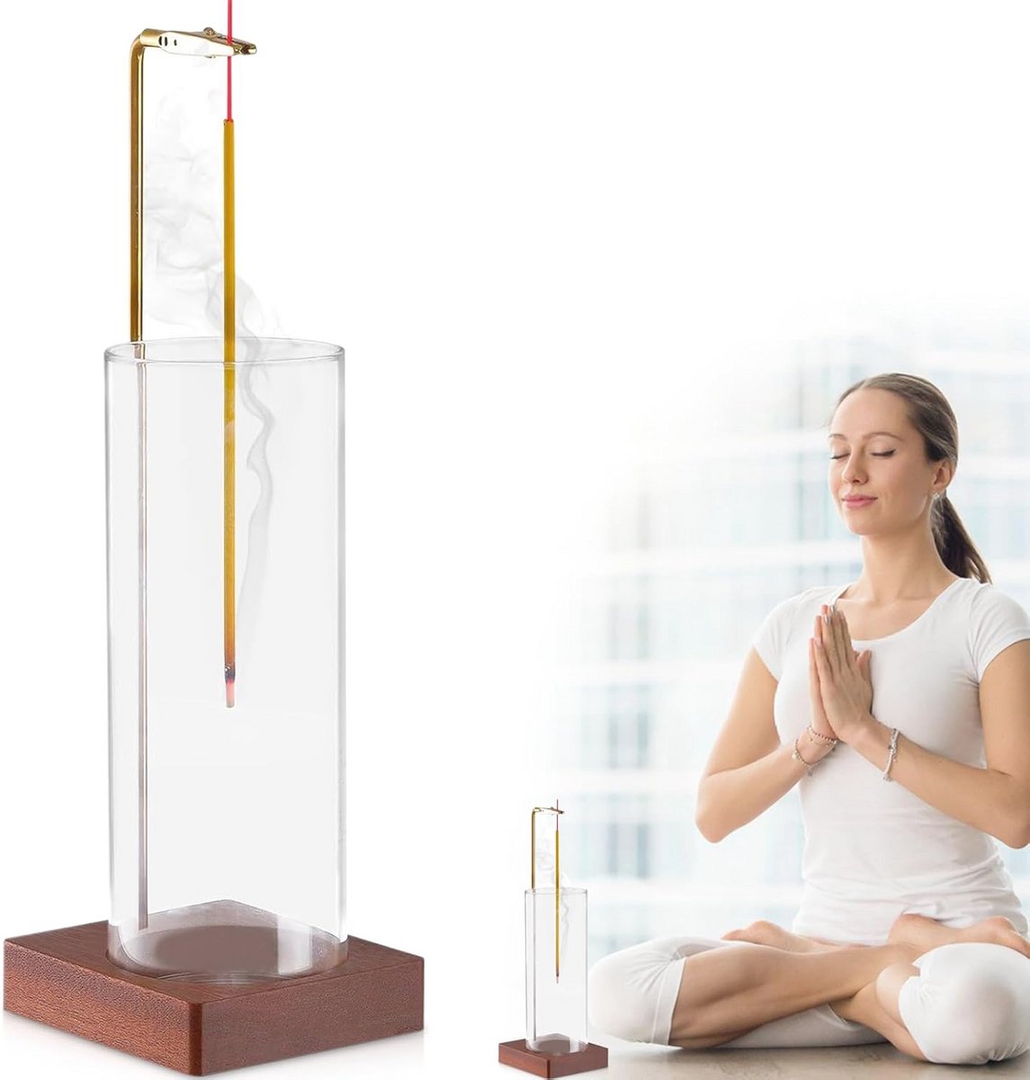 Wierookstokjeshouder van Hout met Glazen Asvanger - Ideaal voor Yoga en Meditatie