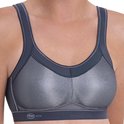 Grijze sportbeha met zilveren mesh, versterkte naden en logo 'Anita ACTIVE' op de band.