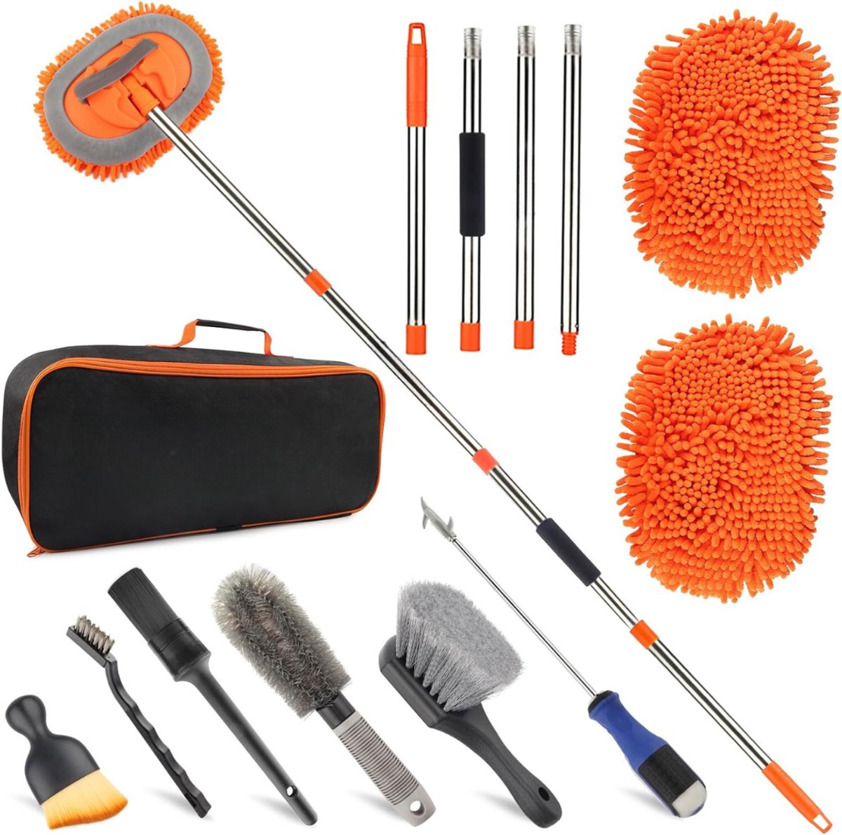 VIN® 2-in-1 Autowasborstel Telescopisch - Wasborstel Met Telescopische steel Complete Auto Reiniging set – Telescoop Wasborstel Met Zachte Borstel Haren – Incl. Accessoires – Uitschuifbare Wasborstel Auto – Was Borstel