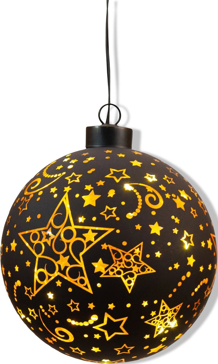 Annas collection - Led bal glas sterren dia. 10 cm zwart/goud