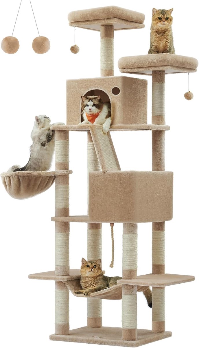 Feandrea krabpaal groot, 206 cm hoog, XXL krabpaal, met 13 krabpalen, 2 platformen, 2 grotten, mand, hangmat, pluche ballen, multi-stapel kattenkrabpaal, camel bruin PCT190K01