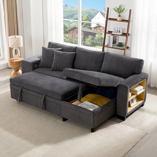 5-zits hoekzetel rechts met bekleding van lichtgrijze chiné Tokyo | Maisons du Monde